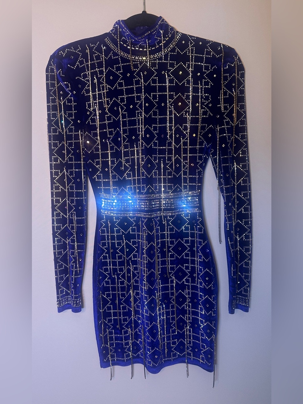 Blue Rhinestone Bodycon Mini Dress XS High Neck
Long Sleeve Club Night Glam